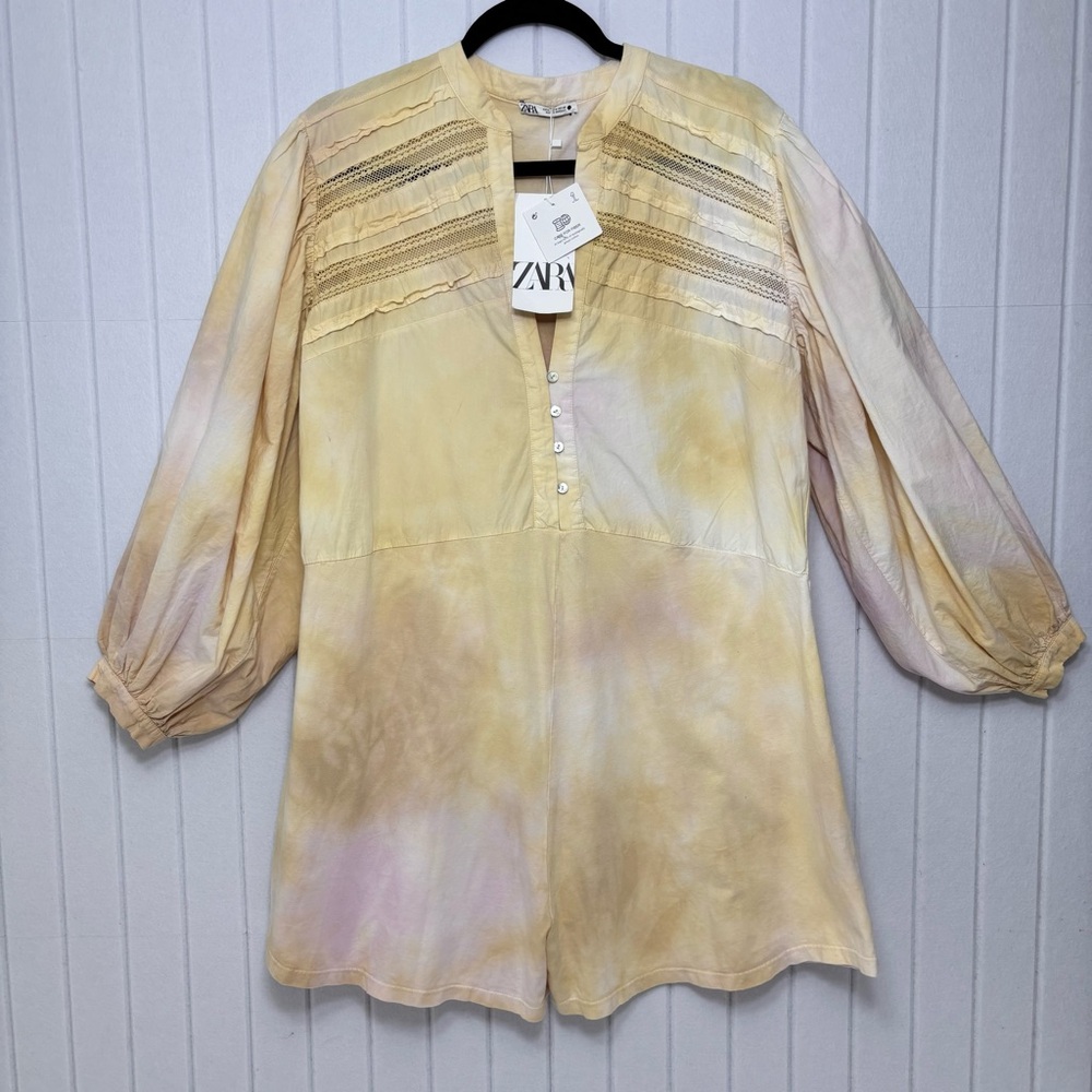 Zara Women's Yellow Cream and Pink Tie Dye Romper Size M